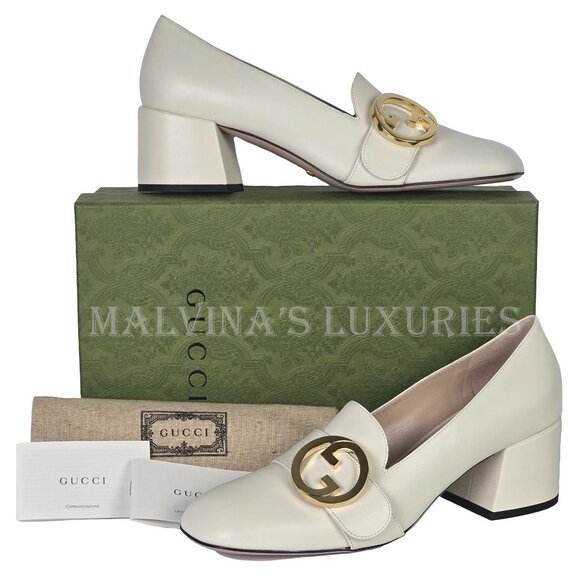 GUCCI SHOES BLONDIE WHITE LEATHER GOLDTONE G LOGO PUMPS sz 41 11 US - Picture 2 of 15